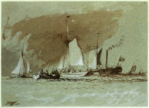 Fishing Boats at Sea, boarding a Steamer off the Isle of Wight